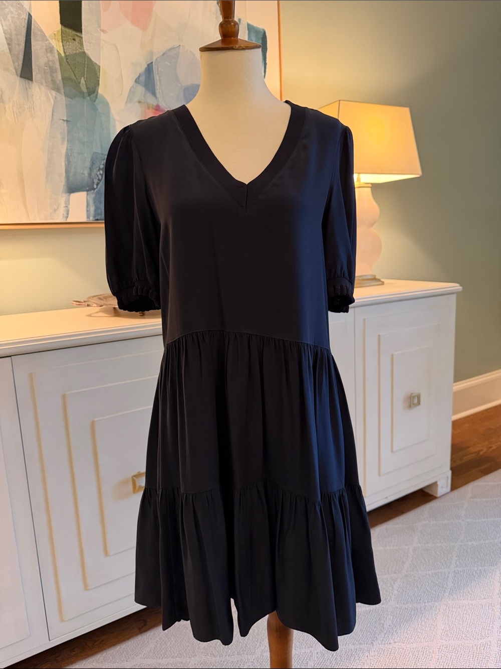 Cinq a Sept Classic V-Neck Navy Tiered Short Dress